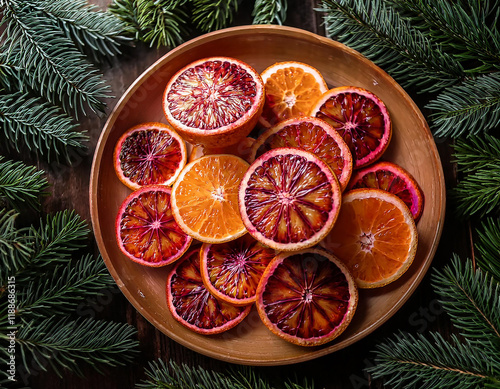 Christmas Festive Blood Oranges Slices on Metal Tray with Pine, Generated image photo