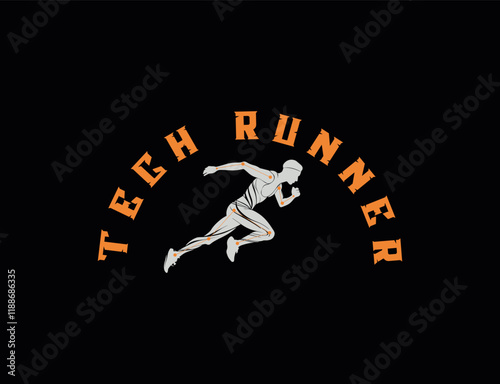 Tech Running Man silhouette Logo, Marathon logo template, running club or sports club with slogan template with black background.