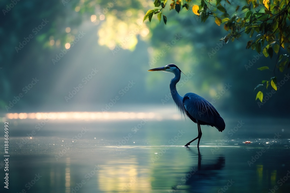 Naklejka premium Grey heron wading in shallow water at dawn in a misty forest