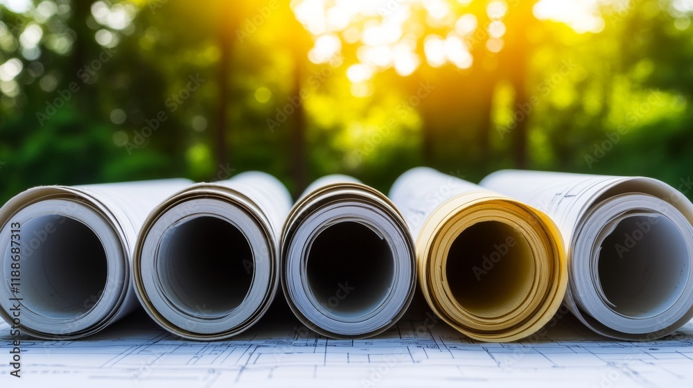 Close-Up Of Rolled Blueprints, Construction Plans for Building Project With Nature Background