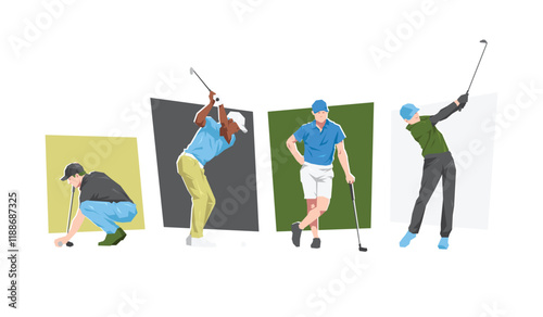 Set of male golfer character in action. People playing golf. Isolated on white background. Flat vector illustration.