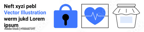 Lock symbolizing security, heart with ECG lines signifying health monitoring, and jar representing food storage. Ideal for cybersecurity, healthcare, cooking, home organization, wellness apps