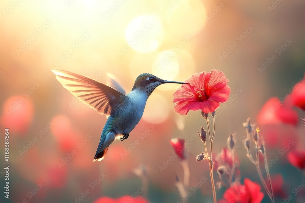 Fototapeta premium Hummingbird flying and drinking nectar from red flower at sunset