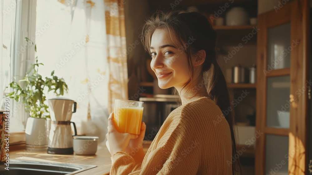 A young happy woman standing in the kitchen drinks orange juice from a glass. Woman having breakfast in a cozy kitchen. A young happy woman standing in the kitchen drinks orange juice from a glass. Woman having breakfast in a cozy kitchen.