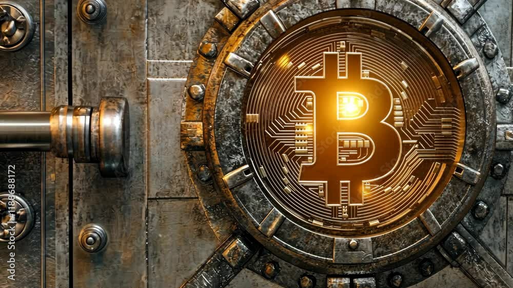 Bitcoin emblem glimmering on a secure vault door, representing digital currency safety and innovation Bitcoin emblem glimmering on a secure vault door, representing digital currency safety and innovation