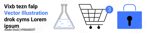 Scientific flask with liquid, shopping cart with notification badge, and a security lock. Ideal for e-commerce, security, digital marketing, science, shopping, education, and online services. Landing