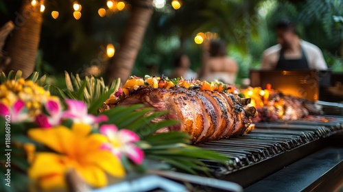 Grilled pork loin with tropical flowers at outdoor party.