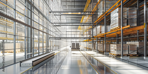 Spacious Modern Warehouse with Tall Shelves and Industrial Design  
