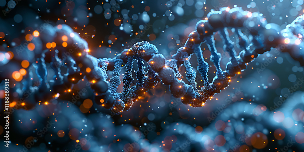 Close-Up of DNA Double Helix with Glowing Molecular Particles in Biotech Concept
Close-Up of DNA Double Helix with Glowing Molecular Particles in Biotech Concept