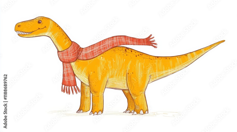 Fototapeta premium Cheerful Dinosaur in a Cozy Red Scarf Illustration