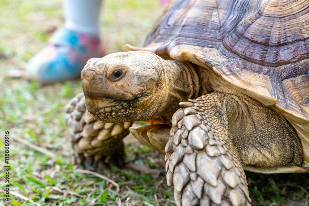 A majestic Sulcata tortoise crawls leisurely across a vibrant green lawn, its textured shell showcasing intricate patterns that highlight its natural beauty A majestic Sulcata tortoise crawls leisurely across a vibrant green lawn, its textured shell showcasing intricate patterns that highlight its natural beauty