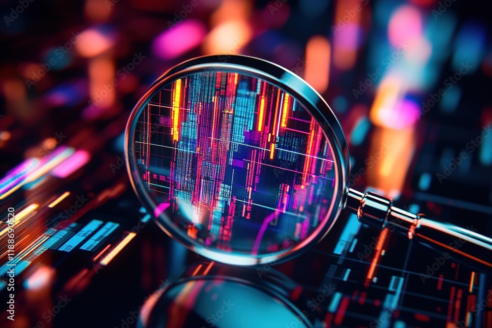 Data Analysis: Magnifying Glass Explores Digital Charts and Key Metrics for Business Success. Unlocking Insights,       