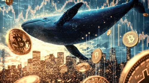 Majestic Blue Whale Surrounded by Bitcoin Symbols in a Vibrant Cityscape photo