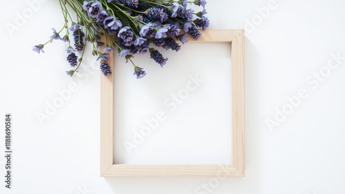 Simple wooden frame with a bouquet of purple flowers on a white background