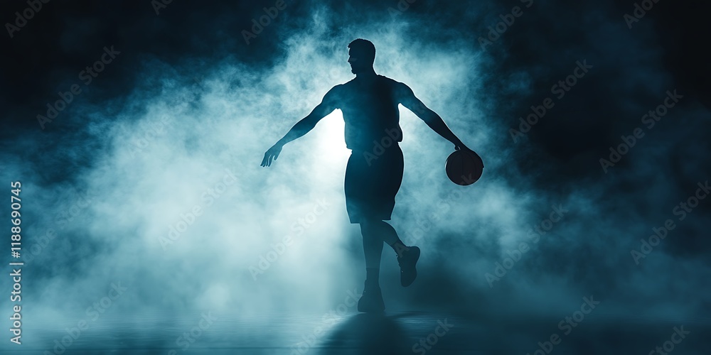Naklejka premium Silhouette of a basketball player dribbling in smoky atmosphere.