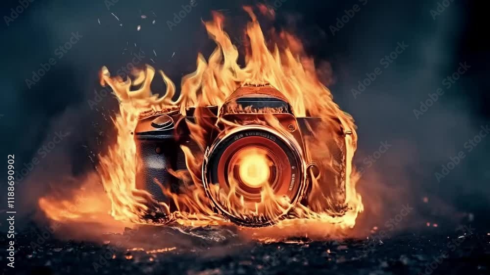 Scene of a camera burning, seamless looping motion for background video animation.