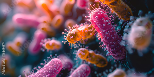 Colorful Microscopic View of Bacteria with Vibrant Pink and Orange Biofilm Structures
