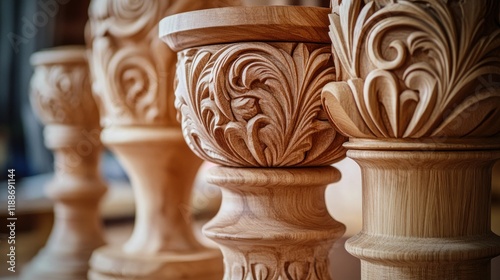 Intricate floral carvings on wooden balusters.