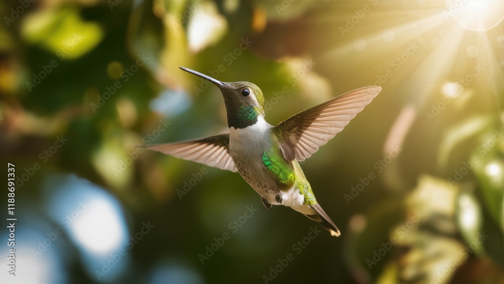 Fototapeta premium Hummingbird in flight, iridescent feathers, outstretched wings, soft bokeh background, green leaves, sunlit garden, macro photography, high detail, vibrant colors, nature close-up, golden hour lightin