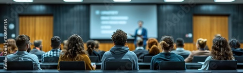 Many people sitting in chairs watching a presentation, banner, copy space