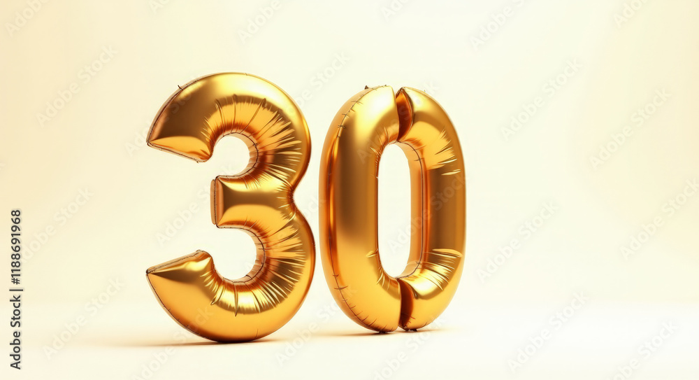 The number thirty consists of inflatable yellow balloons on a white background The number thirty consists of inflatable yellow balloons on a white background