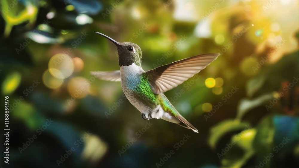 Fototapeta premium Hummingbird in flight, iridescent feathers, outstretched wings, soft bokeh background, green leaves, sunlit garden, macro photography, high detail, vibrant colors, nature close-up, golden hour lightin
