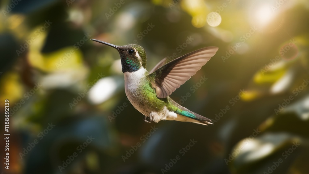 Naklejka premium Hummingbird in flight, iridescent feathers, outstretched wings, soft bokeh background, green leaves, sunlit garden, macro photography, high detail, vibrant colors, nature close-up, golden hour lightin