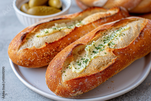 Rustic sesame baguettes with a golden crust, filled with creamy herb butter and garnished with parsley, served on a white plate for an artisanal touch.
 photo