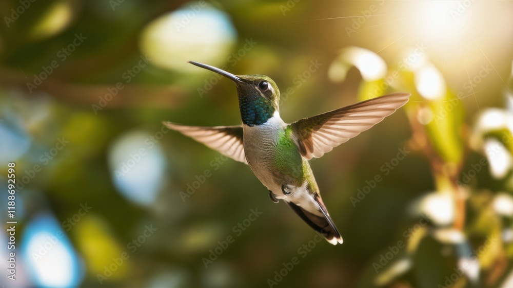 Fototapeta premium Hummingbird in flight, iridescent feathers, outstretched wings, soft bokeh background, green leaves, sunlit garden, macro photography, high detail, vibrant colors, nature close-up, golden hour lightin