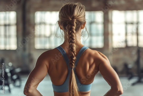 Athletic woman showing back muscles and braided hair in gym