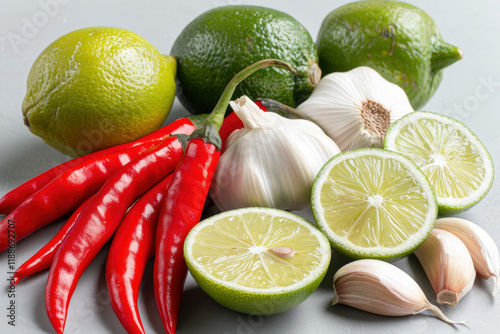 A vibrant mix of fresh red chilies, whole garlic, and juicy lime, beautifully arranged for a colorful and fresh culinary presentation on a neutral background.
 photo