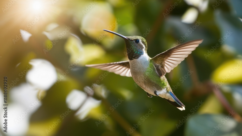 Fototapeta premium Hummingbird in flight, iridescent feathers, outstretched wings, soft bokeh background, green leaves, sunlit garden, macro photography, high detail, vibrant colors, nature close-up, golden hour lightin