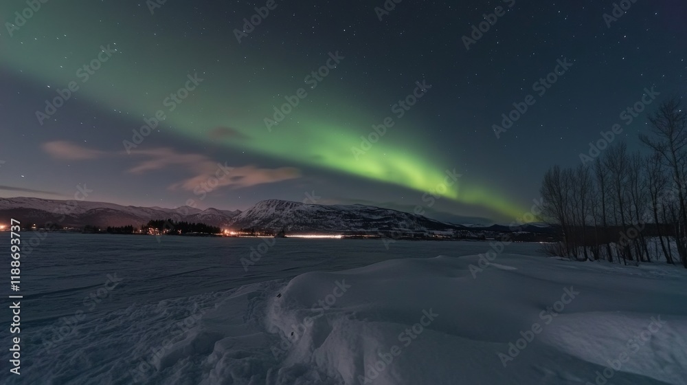 Naklejka premium aurora view on snowy mountain 