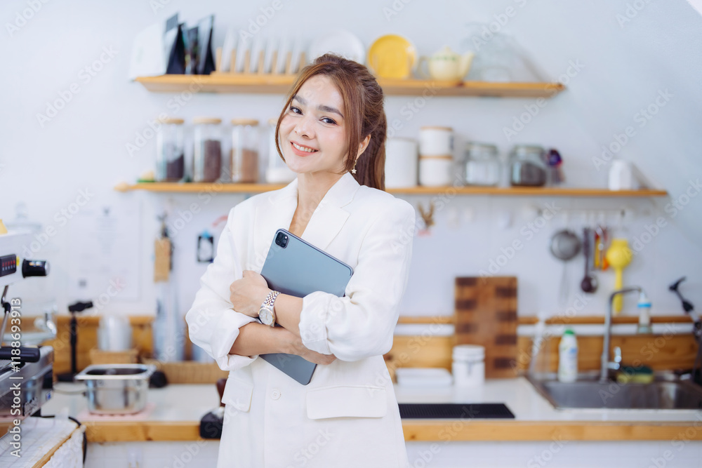 An Asian female executive spends her morning at a trendy coffee shop, wearing a white suit, using her laptop to think of creative solutions to complex business challenges. An Asian female executive spends her morning at a trendy coffee shop, wearing a white suit, using her laptop to think of creative solutions to complex business challenges.