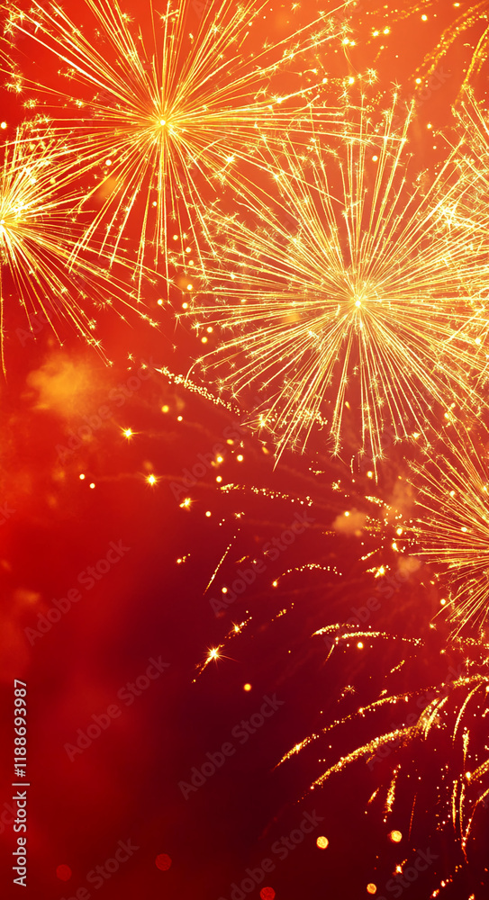 Fototapeta premium Golden fireworks explosion on a vibrant red background with glowing sparks