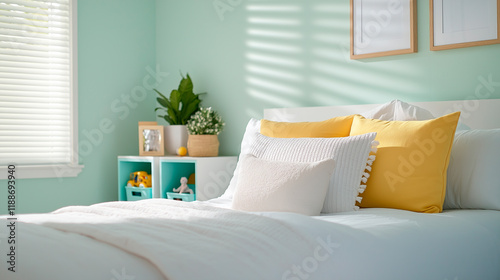 A cheerful and tidy child’s bedroom with toys neatly organized in bins, a perfectly made bed with soft pastel sheets.