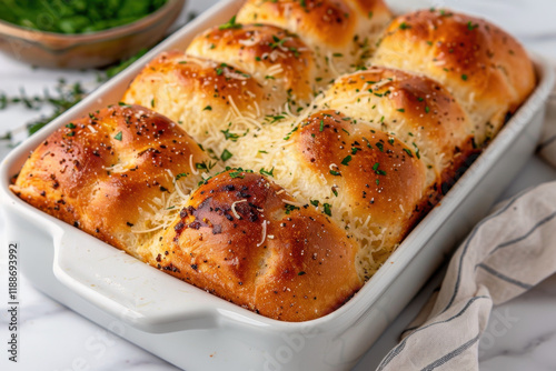 A tray of soft, golden garlic butter dinner rolls topped with a sprinkle of grated cheese and fresh herbs, ideal for a cozy meal or special gathering.
 photo