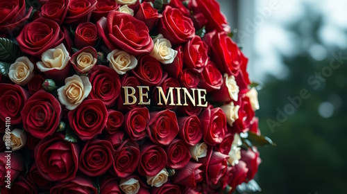 close-up of a bouquet of 1000 roses with the BE MINE lettering photo