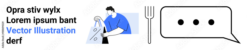 Person holding a diagram, a fork, and a speech bubble with ellipsis for communication, feedback, messaging, support, conversation, presentation analysis. Ideal for business education communication Person holding a diagram, a fork, and a speech bubble with ellipsis for communication, feedback, messaging, support, conversation, presentation analysis. Ideal for business education communication