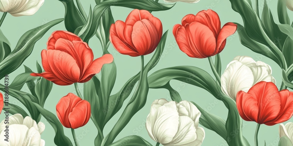 Seamless Pattern with Tulips and Leaves, Romantic Blooming Garden Background for Modern Design Seamless Pattern with Tulips and Leaves, Romantic Blooming Garden Background for Modern Design