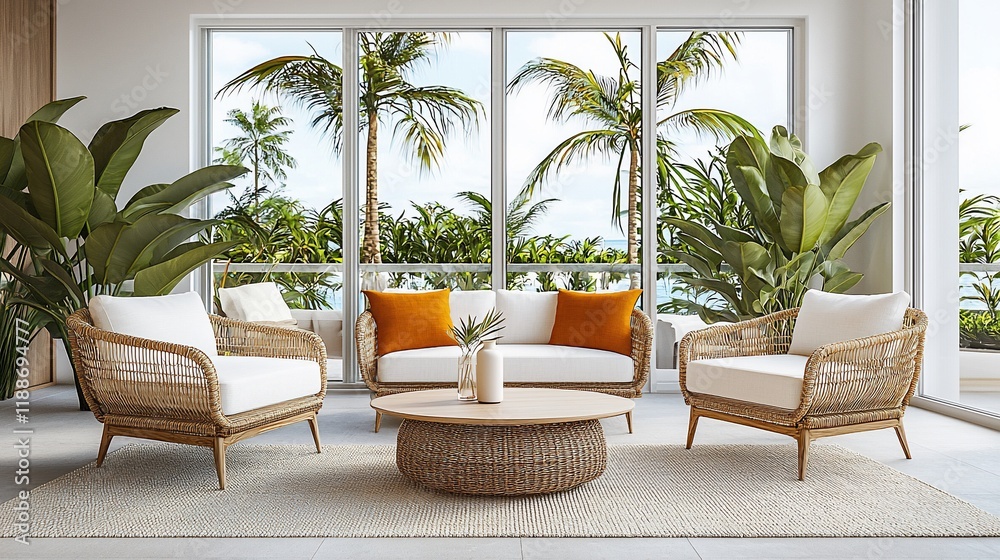 Fototapeta premium Tropical living room with wicker furniture, ocean view.