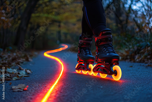 A zippy rollerblade racing down a path, leaving glowing lines photo