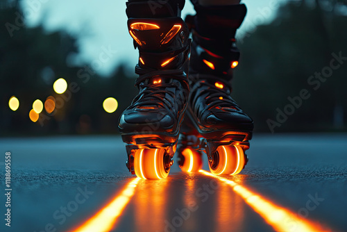 A zippy rollerblade racing down a path, leaving glowing lines photo