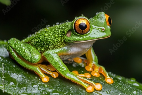 Lemur leaf frog perching on wet leaf in rainforest photo