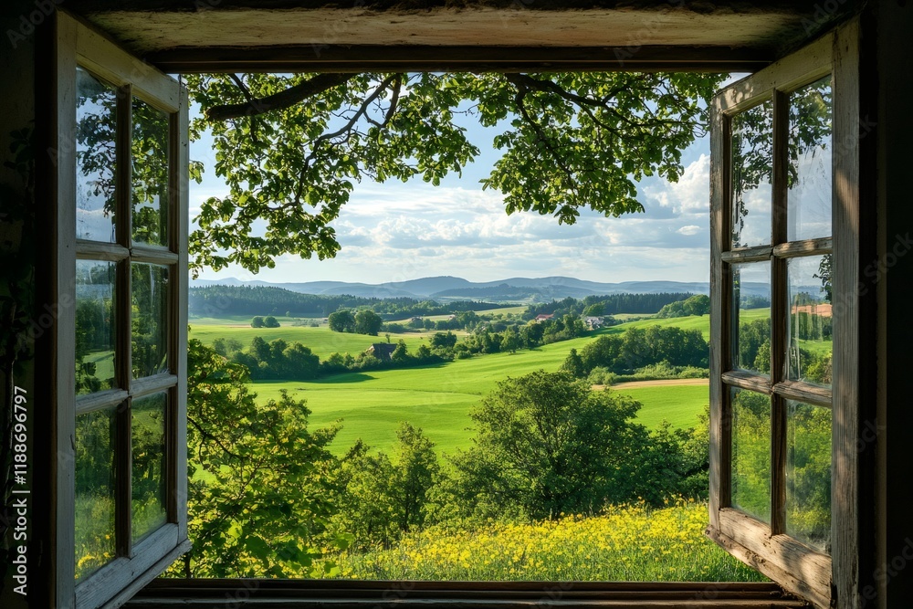 Obraz premium Open window overlooking idyllic green countryside landscape
