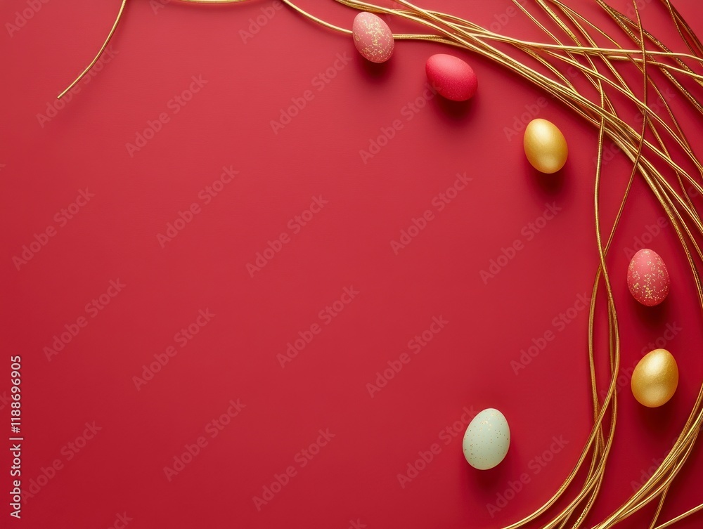 Minimalist Red Background with Decorative Eggs and Elegant Golden Sticks for Easter or Chinese New Year Celebrations Minimalist Red Background with Decorative Eggs and Elegant Golden Sticks for Easter or Chinese New Year Celebrations