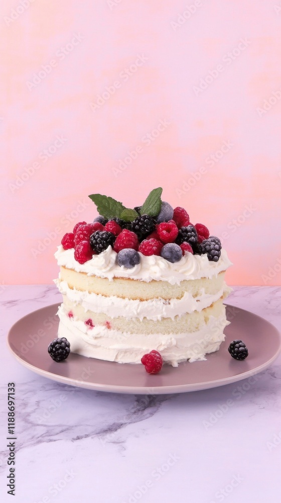 A Delectable Layered Cake with Fresh Berries and Whipped Cream A Delectable Layered Cake with Fresh Berries and Whipped Cream