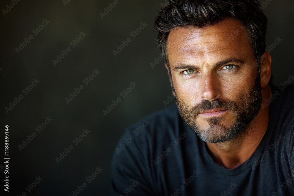 Serious mature man with green eyes and beard posing on a dark background Serious mature man with green eyes and beard posing on a dark background