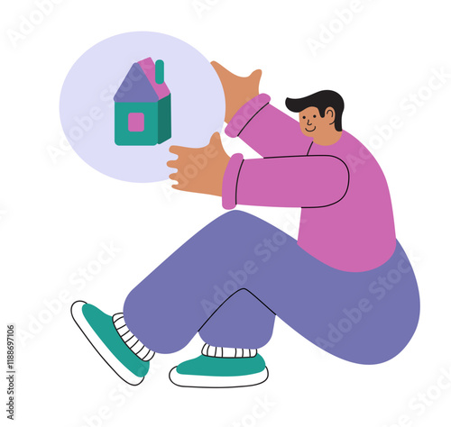 Cartoon style illustration of cheerful man  holding cozy house. Real estate, home ownership and achieving life goals, home buying services. Vector Illustration