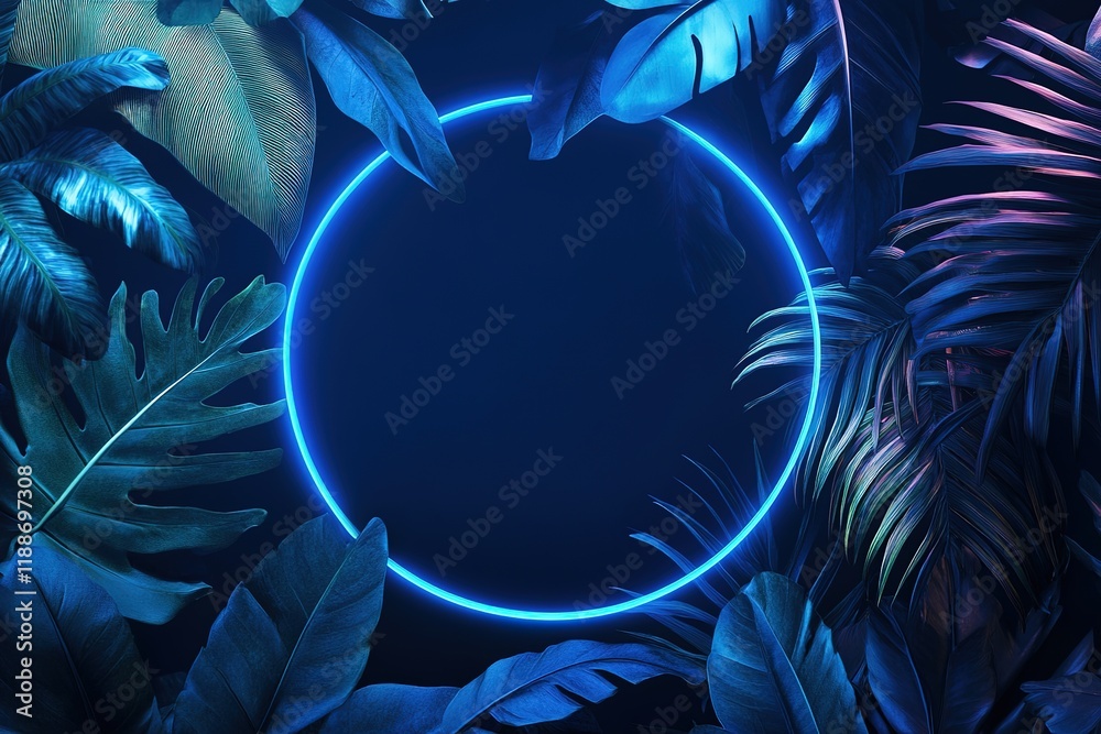 Obraz premium Vibrant Blue Neon Tropical Circle Frame: Summer Vibes, Exotic Leaf Design, Abstract Background, Perfect for Invitations,